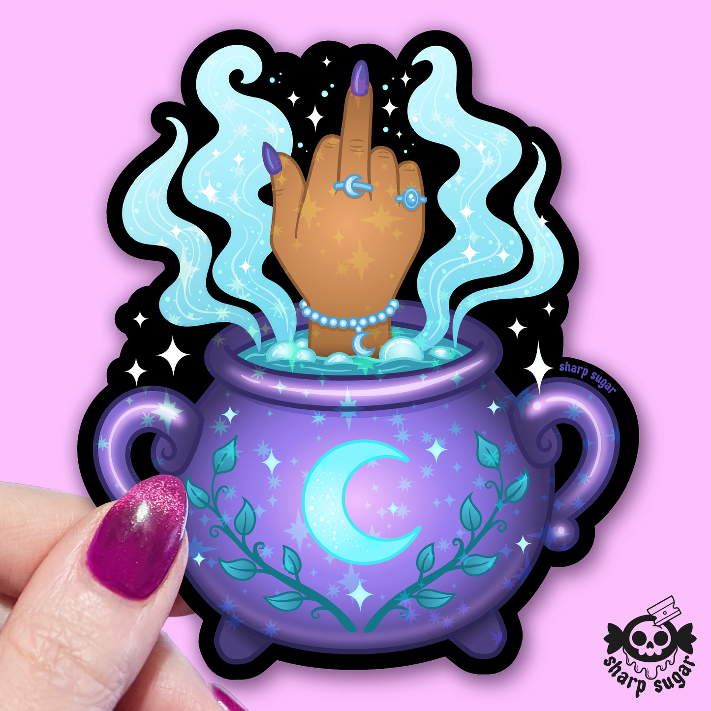 Witch Cauldron Middle Finger Sticker - Dark Skin Tone