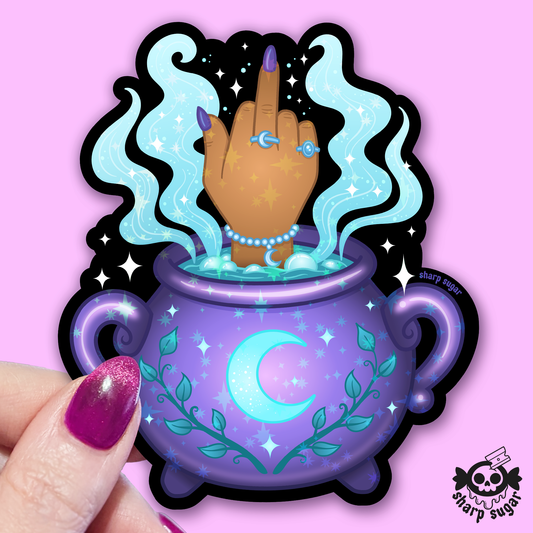 Witch Cauldron Middle Finger Sticker - Dark Skin Tone